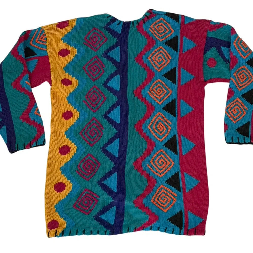 Vintage 80’s L'EAU VIVE Funky Multi-pattern Geometric Knit Long Cardigan sz L - Picture 7 of 7